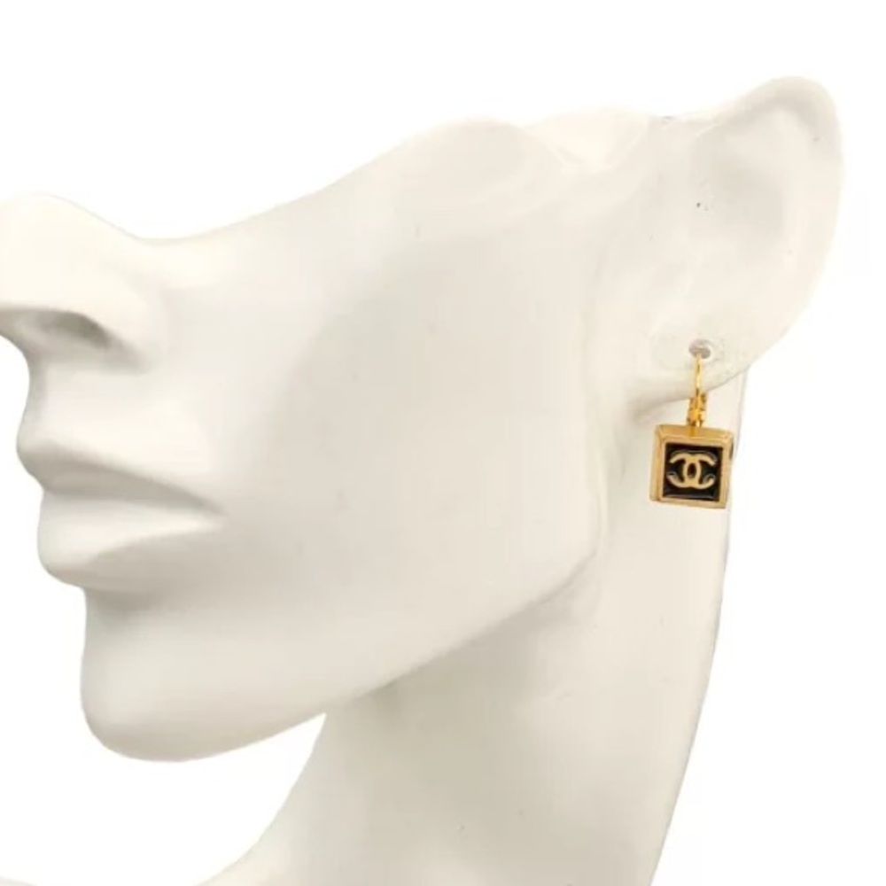 Authentic CHANEL square black gold drop earrings - Picture 2 of 4